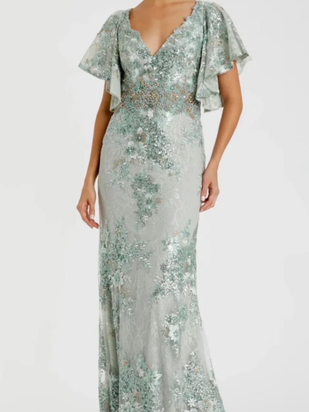 Mac Duggal Sage Green Embroidered Lace Sequin & Beaded Gown